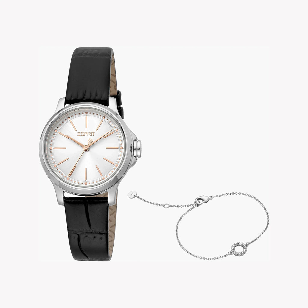 Esprit Women's Black Leather Watch, Silver Dial | ES1L144L2015