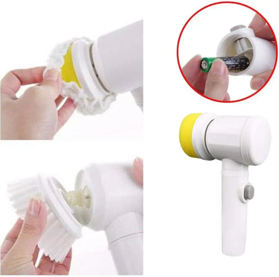 
"5-in-1 Cleaning Magic Electric Brush with interchangeable heads for versatile cleaning, featuring a cordless design and powerful motor for efficient use."