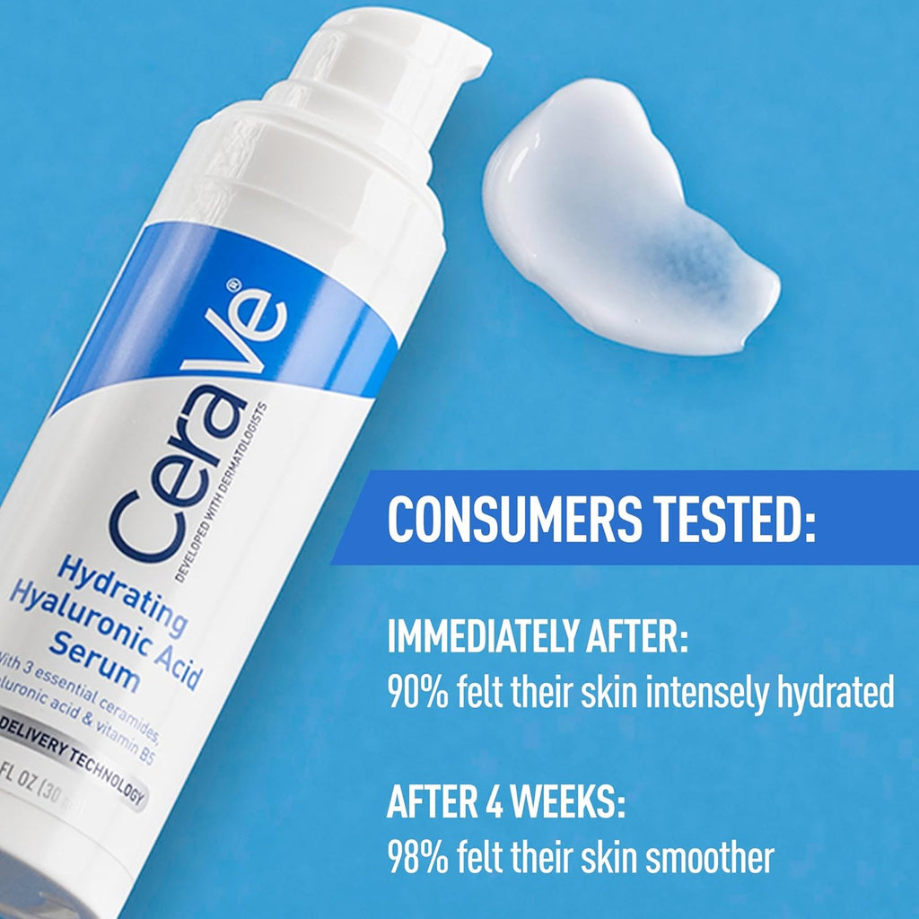 CeraVe Hydrating Hyaluronic Acid Serum with Vitamin B5 and Ceramides, 30ml, fragrance-free formula for deep hydration. CeraVe Fragrance-Free Hydrating Serum with Hyaluronic Acid, Vitamin B5, and Ceramides for sensitive skin.