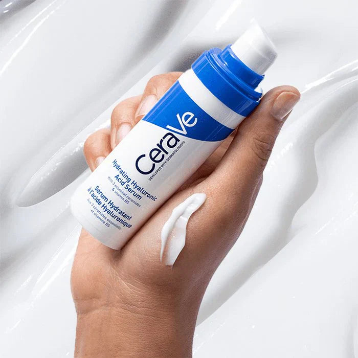 CeraVe Hydrating Hyaluronic Acid Serum with Vitamin B5 and Ceramides, 30ml, fragrance-free formula for deep hydration. CeraVe Fragrance-Free Hydrating Serum with Hyaluronic Acid, Vitamin B5, and Ceramides for sensitive skin.