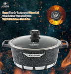 "LIFE SMILE 6-Piece Cookware Set featuring granite non-stick coating, PFOA-free, and die-cast aluminum for easy cooking."