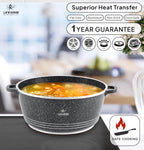 "LIFE SMILE 6-Piece Cookware Set featuring granite non-stick coating, PFOA-free, and die-cast aluminum for easy cooking."