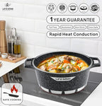 "LIFE SMILE 6-Piece Cookware Set featuring granite non-stick coating, PFOA-free, and die-cast aluminum for easy cooking."
