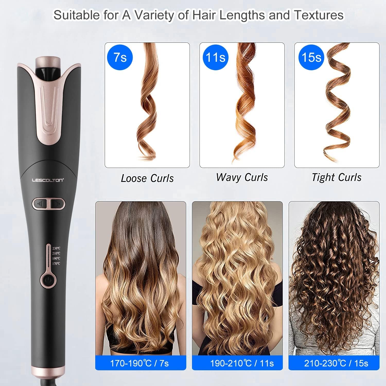 Lescolton Automatic Curling Iron in black, designed for effortless large curls.