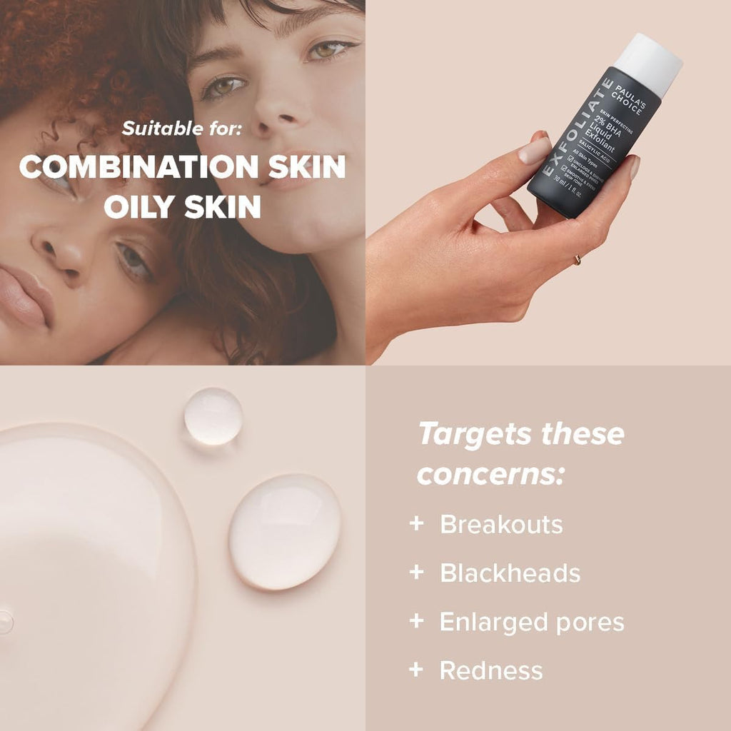  "Paula's Choice SKIN PERFECTING 2% BHA Liquid Exfoliant, 30ml bottle for blackhead and pore care."