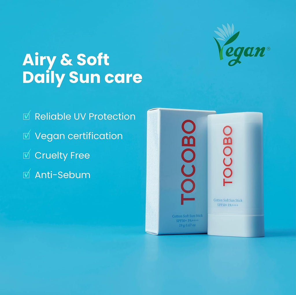Tocobo Cotton Soft Sun Stick SPF50+ PA++++, 19g, with lightweight, portable design.