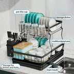 Tzmovqix Dish Drying Rack, 2-tier stainless steel kitchen counter dish rack in black. Close-up of Tzmovqix Dish Drying Rack with utensil holder and drain board.