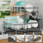 Tzmovqix Dish Drying Rack, 2-tier stainless steel kitchen counter dish rack in black. Close-up of Tzmovqix Dish Drying Rack with utensil holder and drain board.