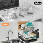 Tzmovqix Dish Drying Rack, 2-tier stainless steel kitchen counter dish rack in black. Close-up of Tzmovqix Dish Drying Rack with utensil holder and drain board.