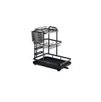 Tzmovqix Dish Drying Rack, 2-tier stainless steel kitchen counter dish rack in black. Close-up of Tzmovqix Dish Drying Rack with utensil holder and drain board.