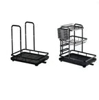 Tzmovqix Dish Drying Rack, 2-tier stainless steel kitchen counter dish rack in black. Close-up of Tzmovqix Dish Drying Rack with utensil holder and drain board.