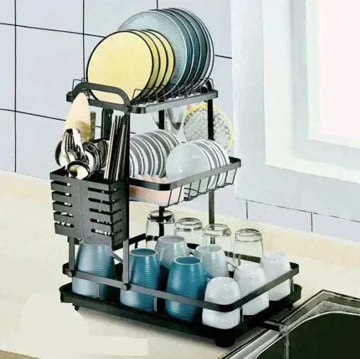 Tzmovqix Dish Drying Rack, 2-tier stainless steel kitchen counter dish rack in black. Close-up of Tzmovqix Dish Drying Rack with utensil holder and drain board.