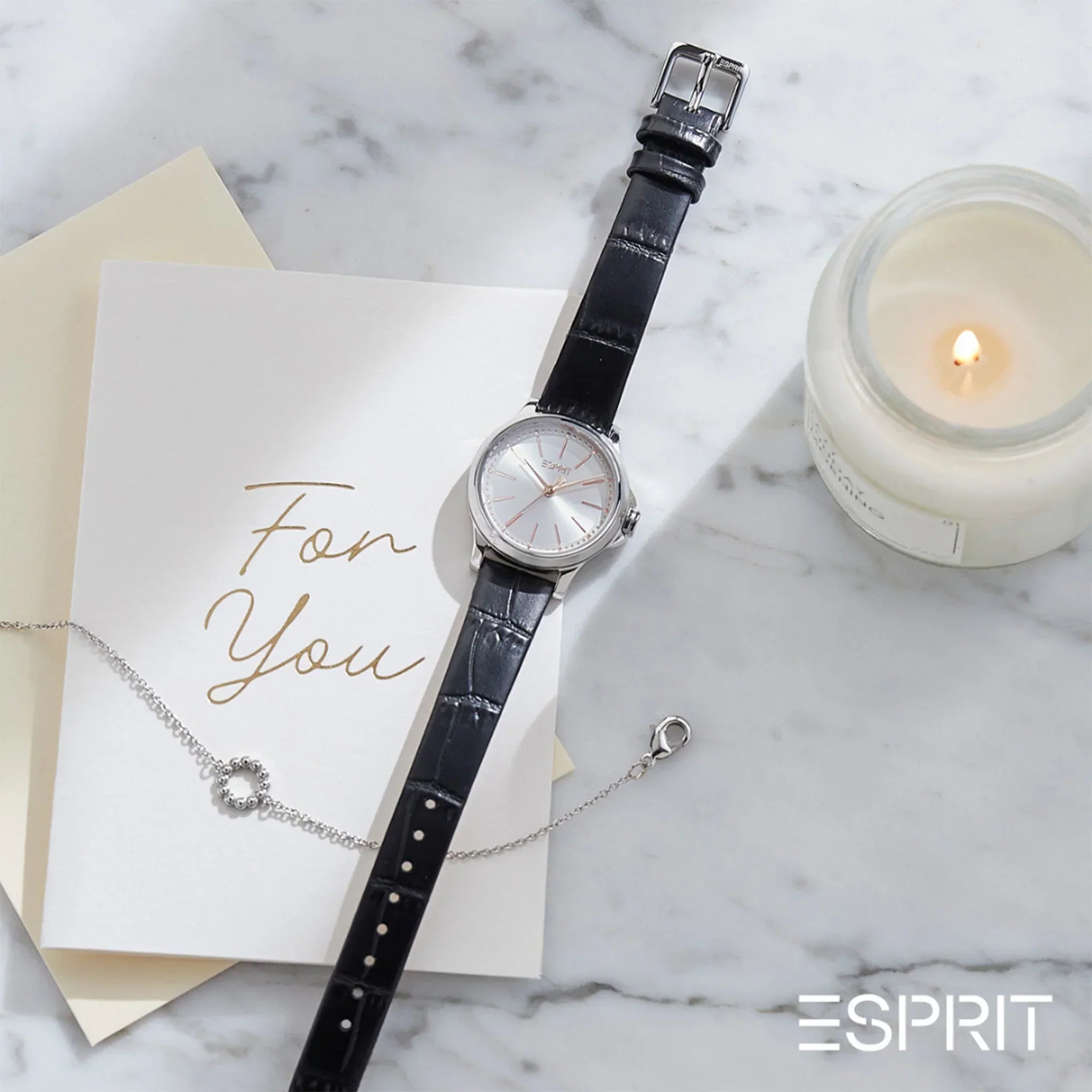 Esprit Women's Black Leather Watch, Silver Dial | ES1L144L2015